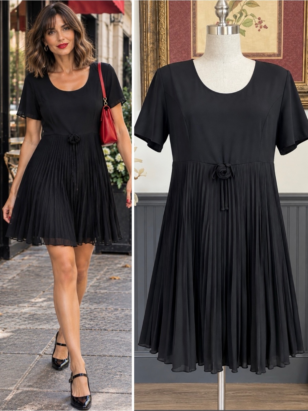 Vintage CDC Caren Desirée Black Pleated Rosette A-Line Dress Sz 12 💚🎀
